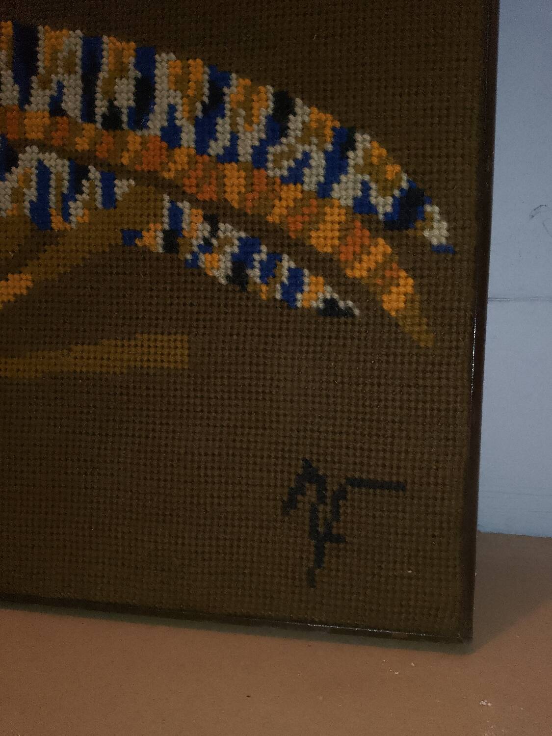 Blue Pheasant Cubist Tapestry Wool Artist René Fumeron Painting France vintage 1970's