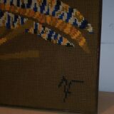 Faisan bleu Cubiste Tapisserie Laine Artiste René Fumeron Tableau France vintage 1970's