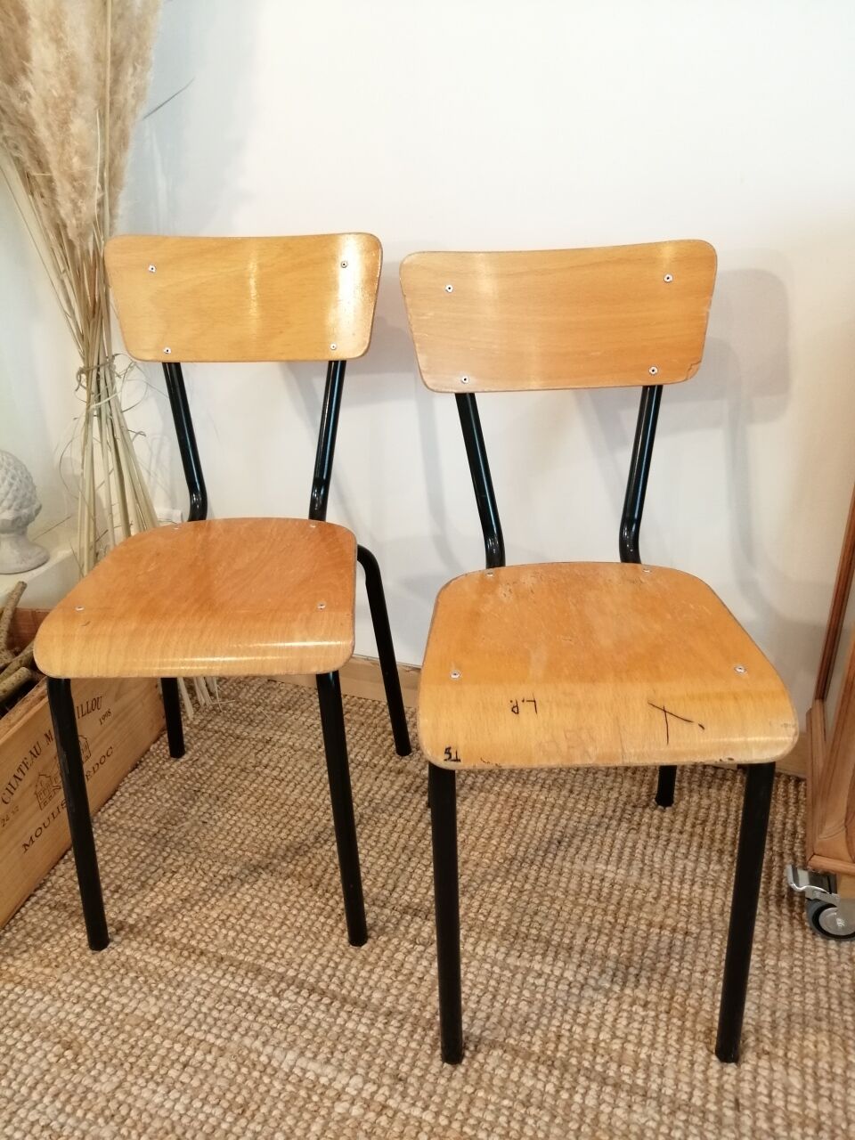 Series of 4 wooden and metal school chairs