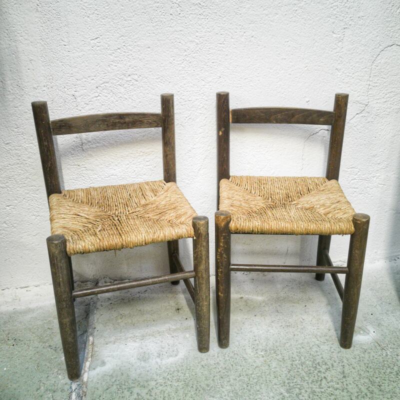 Paire de chaises enfant en bois et paille