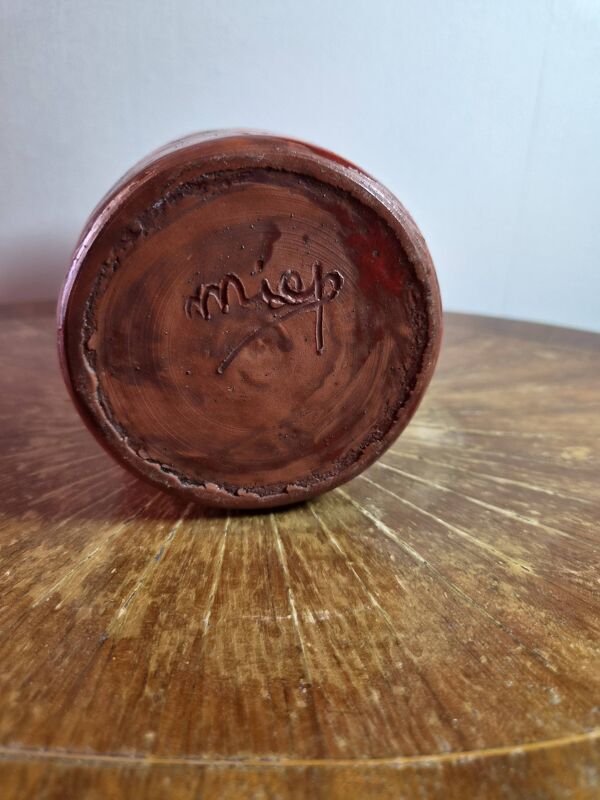 Vase céramique vintage signé ''Miep'' email flammé orange