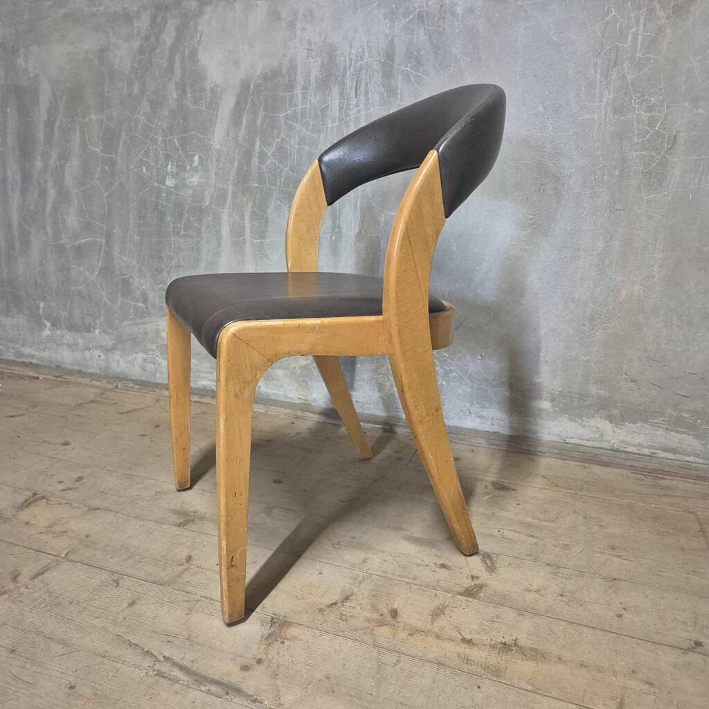 Vintage Curved-Back Dining Chair, Wood & Leatherette, Czechoslovakia, 1970s