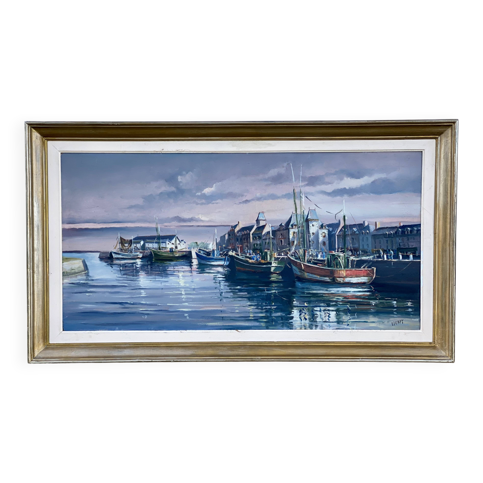 Tableau by René HUCHET, boats in the port of Le Croisic (Brittany) vintage 1950.