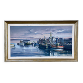 Tableau by René HUCHET, boats in the port of Le Croisic (Brittany) vintage 1950.