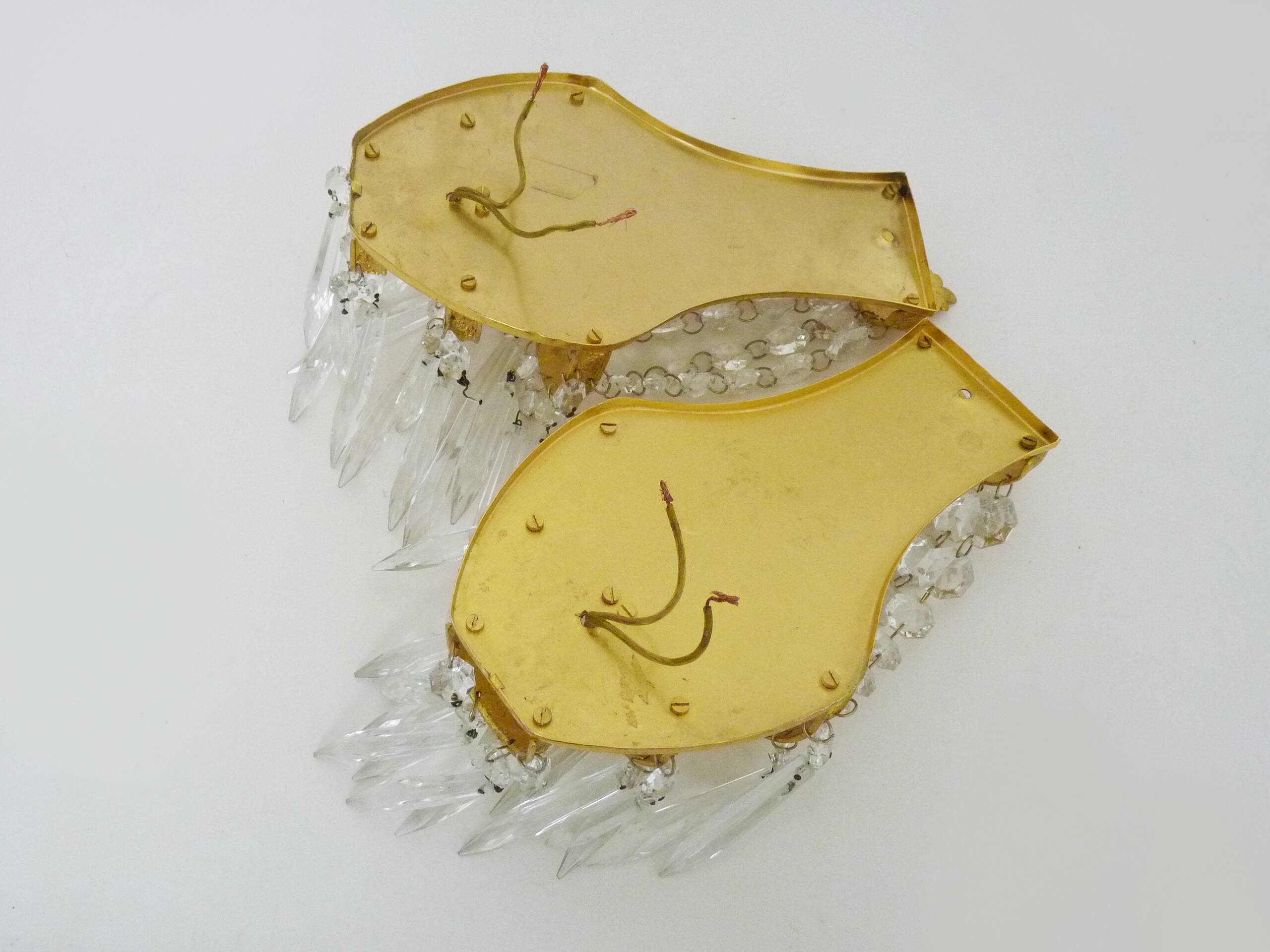 Pair of vintage 3-tiered hot air balloon wall sconces with glass tassels. 1960s