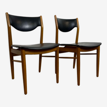 Lot de 2 chaises scandinave vintage en chêne massif et skaï noir, années 60