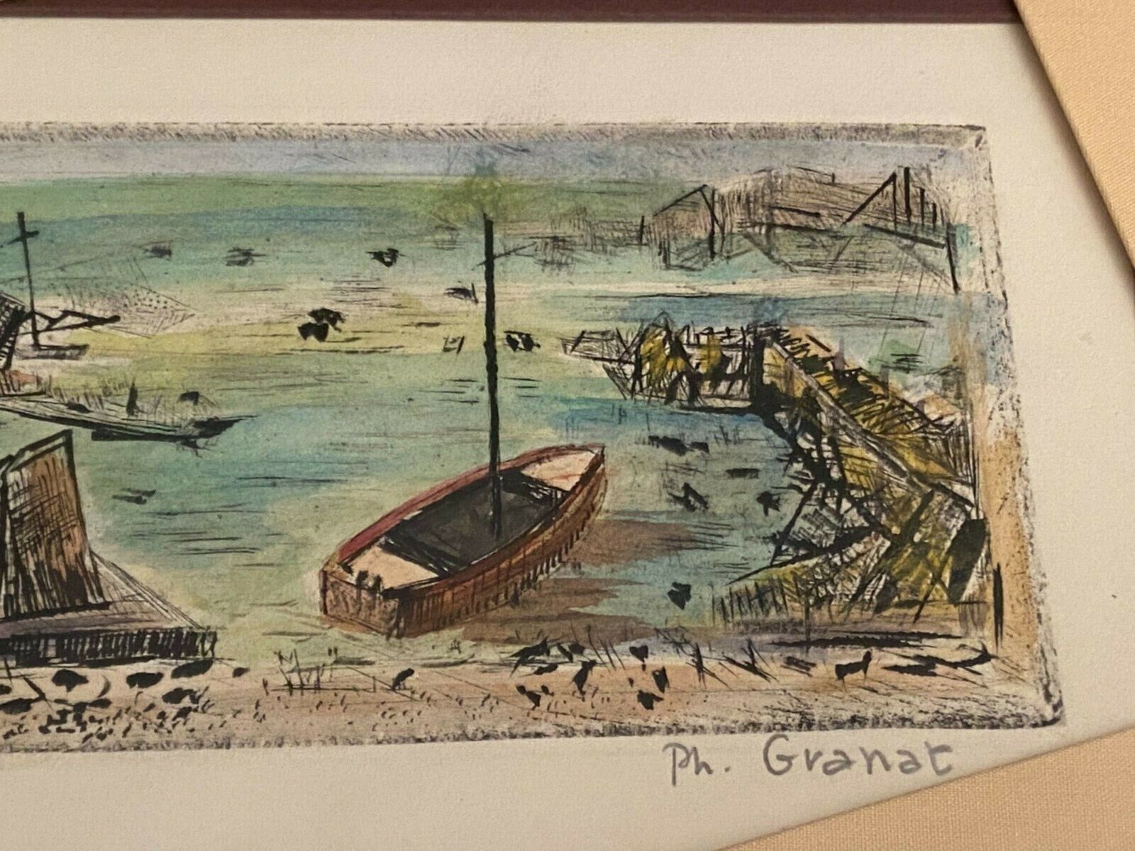 Original framed lithograph signed Ph. Granat numbered 21/25 seaside
