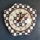 Vintage silent asymmetrical wall pendulum clock "Black and white checkered flowers"
