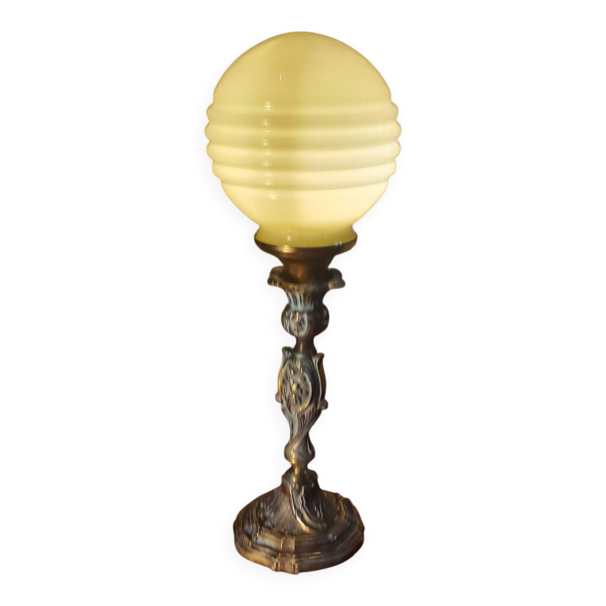 bronze lamp in Rococo style with yellow-green opaline ball, superb, electrical works fine