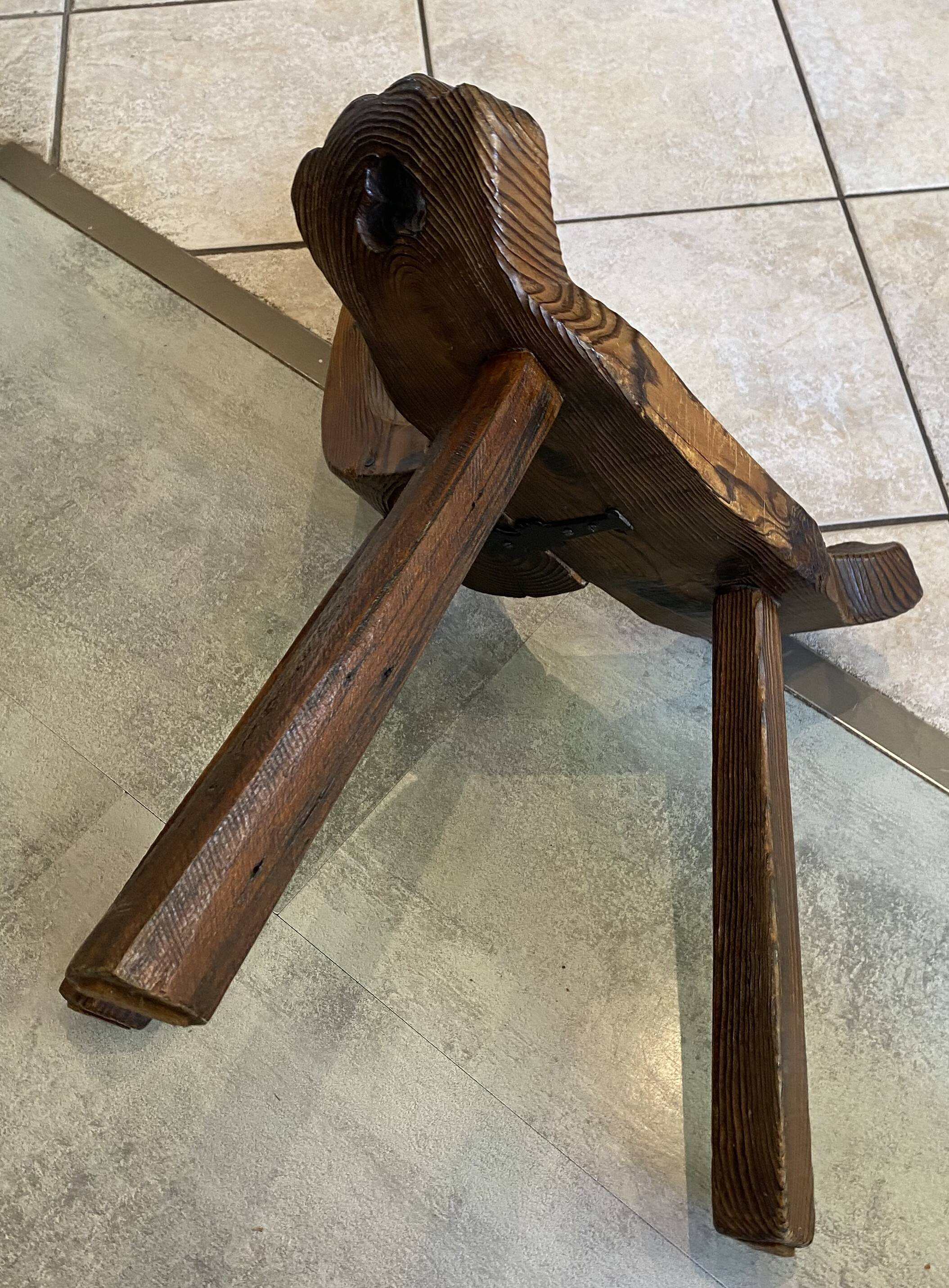 Brutalist tripod chair n1, carved solid wood, antique.