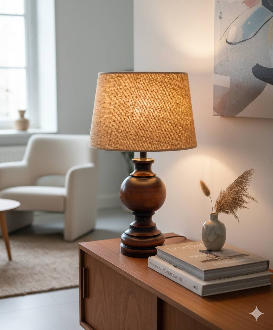 Vintage turned wooden lamp with raffia shade – 1970s