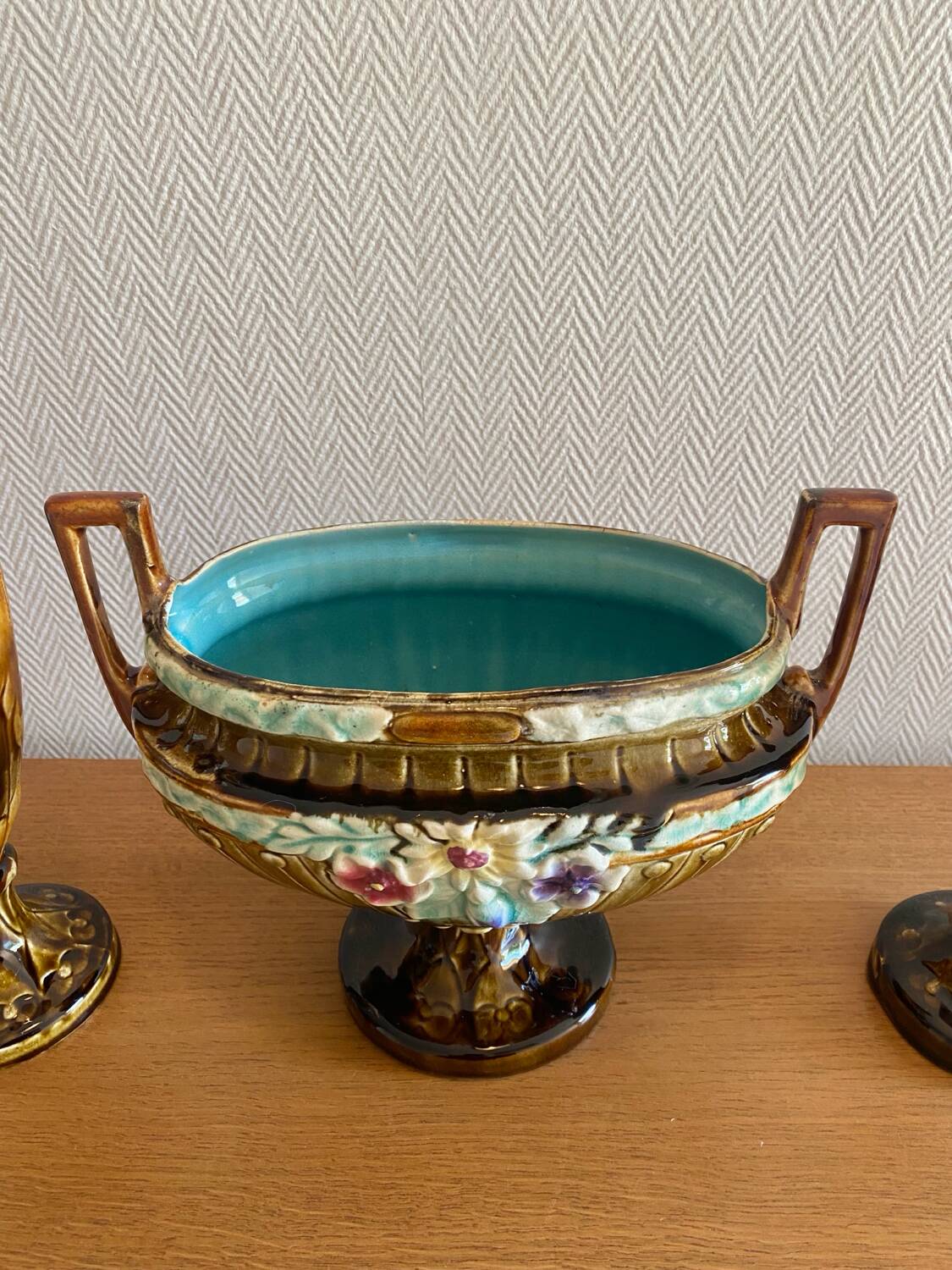 Art Nouveau fireplace set in majolica