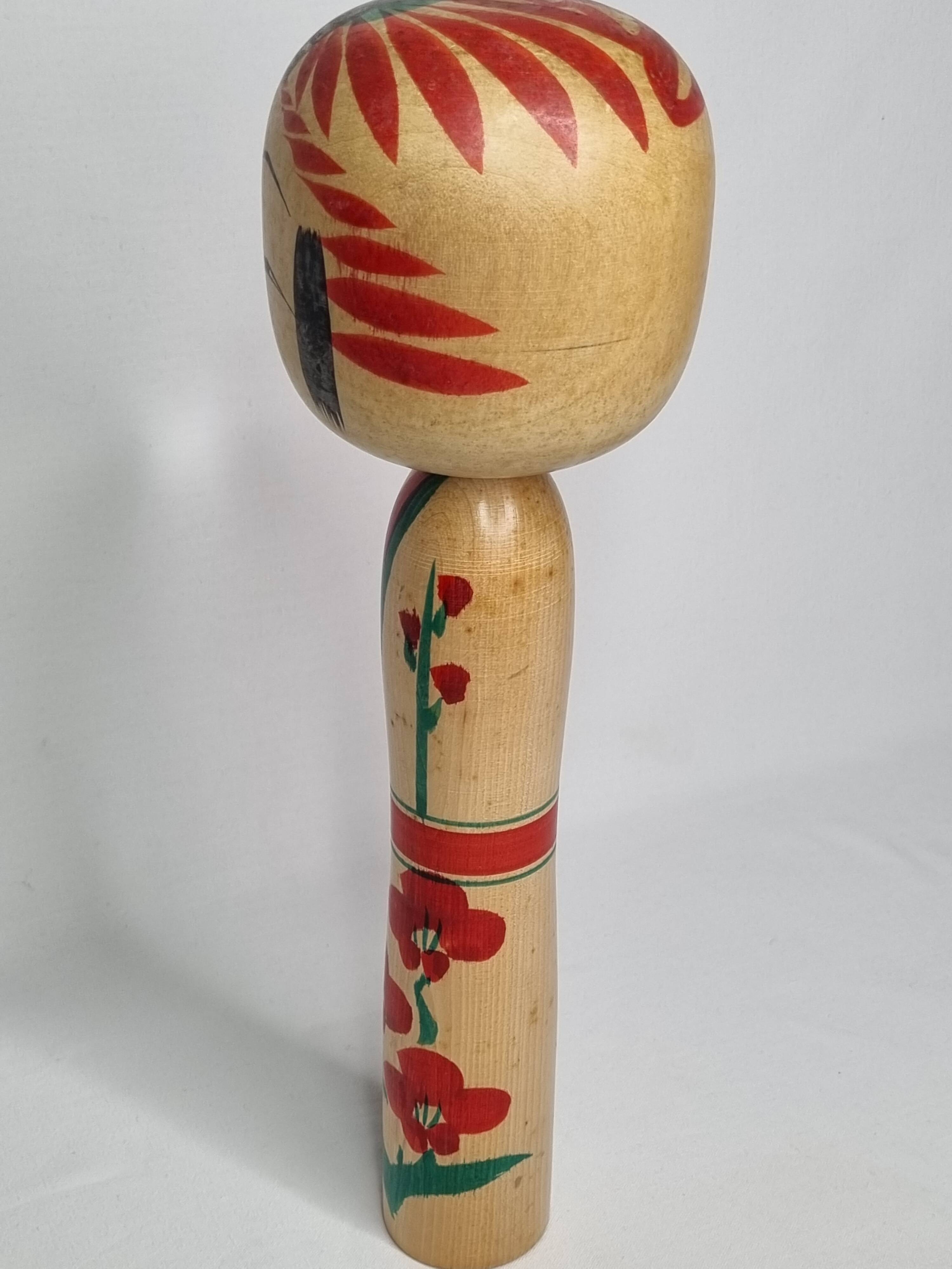 Vintage Japanese Kokeshi doll dated 1987, signed and numbered, floral decoration, 36 cm