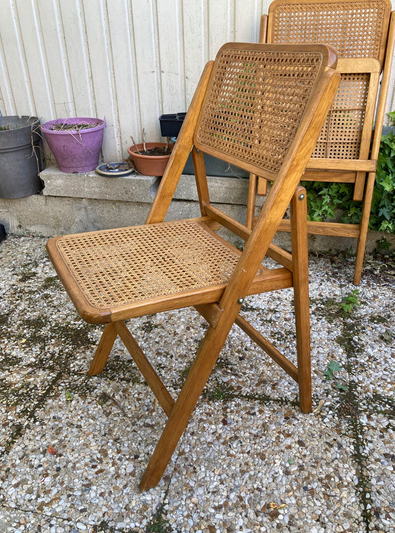 Lot de 3 chaises pliantes en bois et cannage