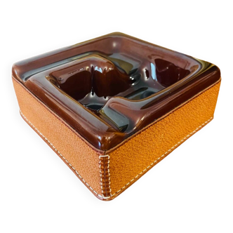 Magnificent Cigar Ashtray or Pipe Holder Ceramic and leather Longchamp France