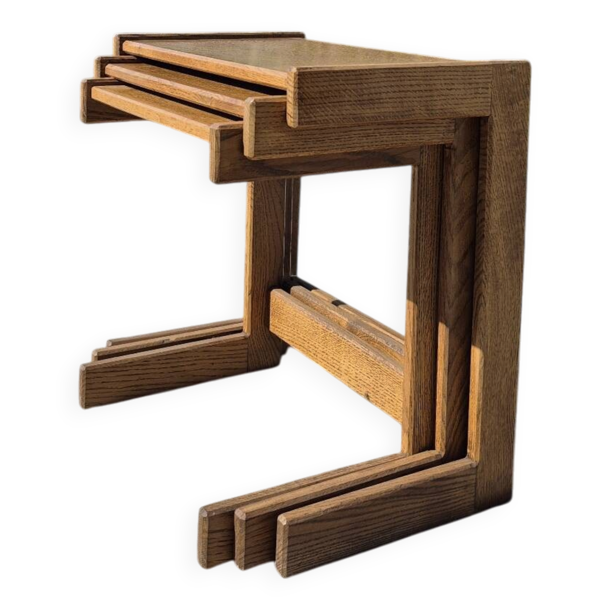 Set 3 nesting tables oak veneer 1970s brutalist