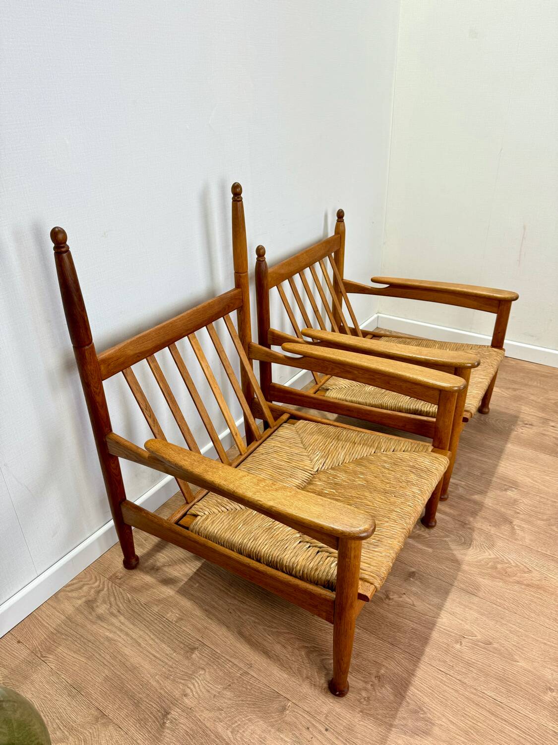 Pair of wooden and straw armchairs
