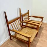 Pair of wooden and straw armchairs