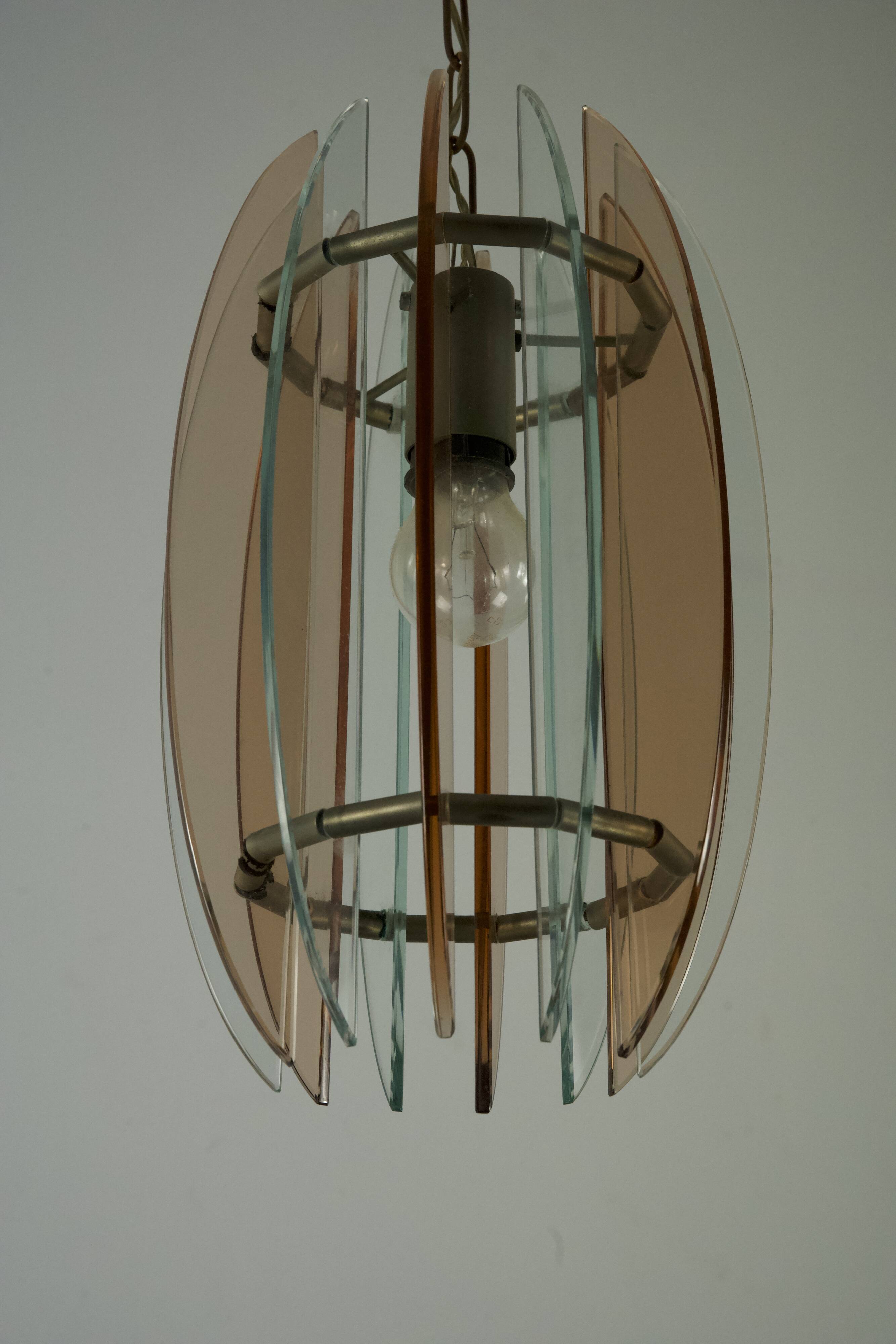 Mid-Century Italian pink and clear thick glass chandelier by Veca. Italy 1960s