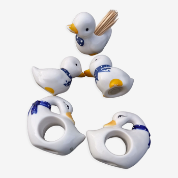Salt shaker, pepper shaker, toothpicker, napkin rings ducks and porcelain swans