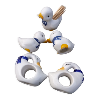 Salt shaker, pepper shaker, toothpicker, napkin rings ducks and porcelain swans