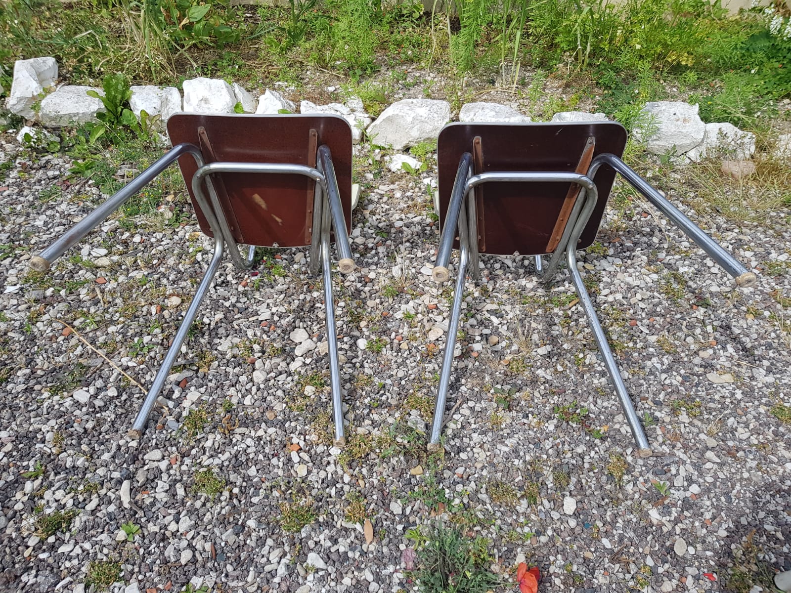Pair plastilux chrome metal chair & formica + plate 50s vintage