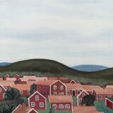 Peinture à l’huile de paysage de style naïf suédois du milieu du siècle, encadrée