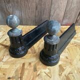 Paire de chenets cheminée napoleon 3 néoclassique fonte + boule laiton