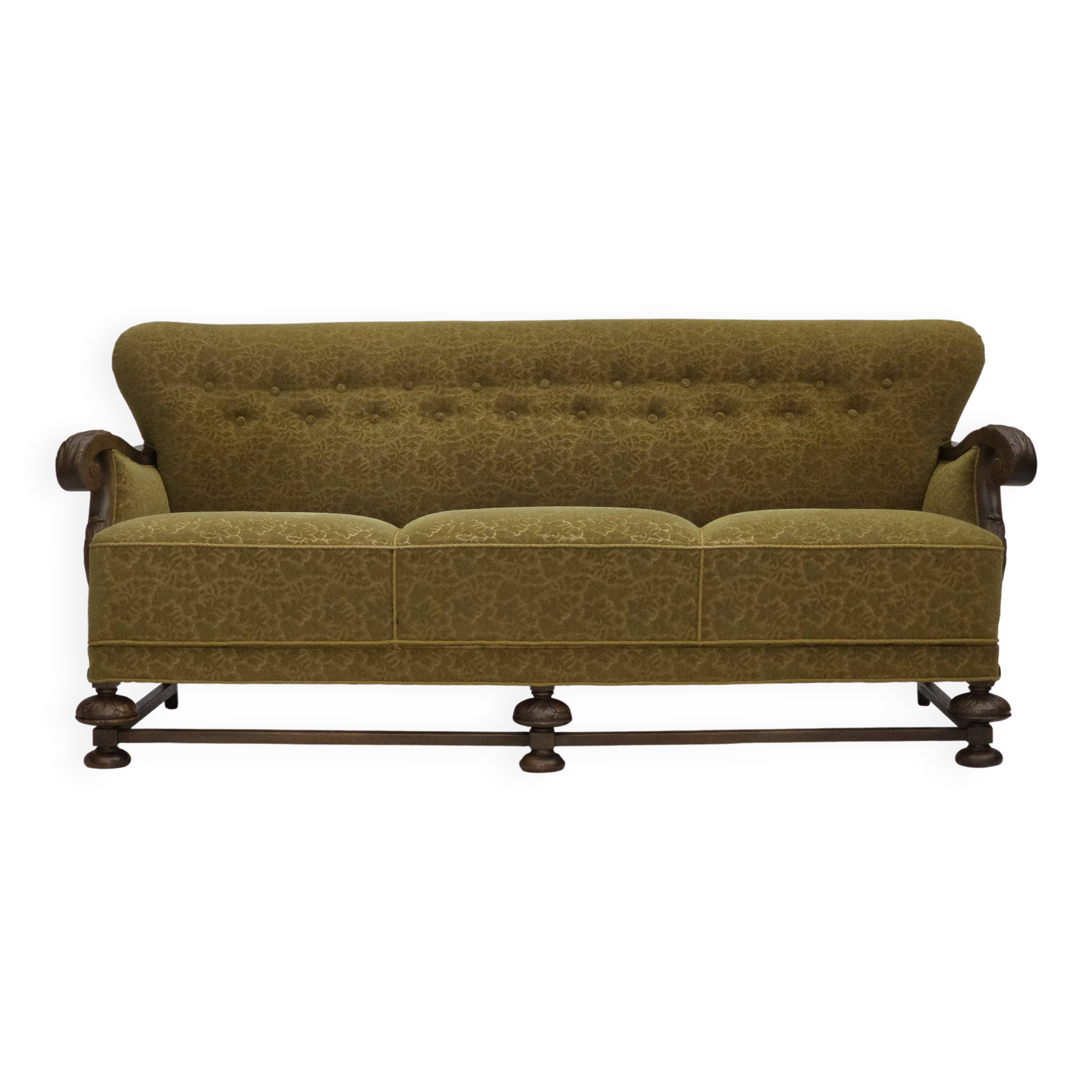 1960s, 3-seater Danish sofa, cotton/wool furniture fabric, solid oak wood.