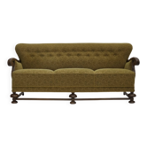 1960s, 3-seater Danish sofa, cotton/wool furniture fabric, solid oak wood.