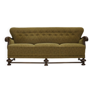 1960s, 3-seater Danish sofa, cotton/wool furniture fabric, solid oak wood.