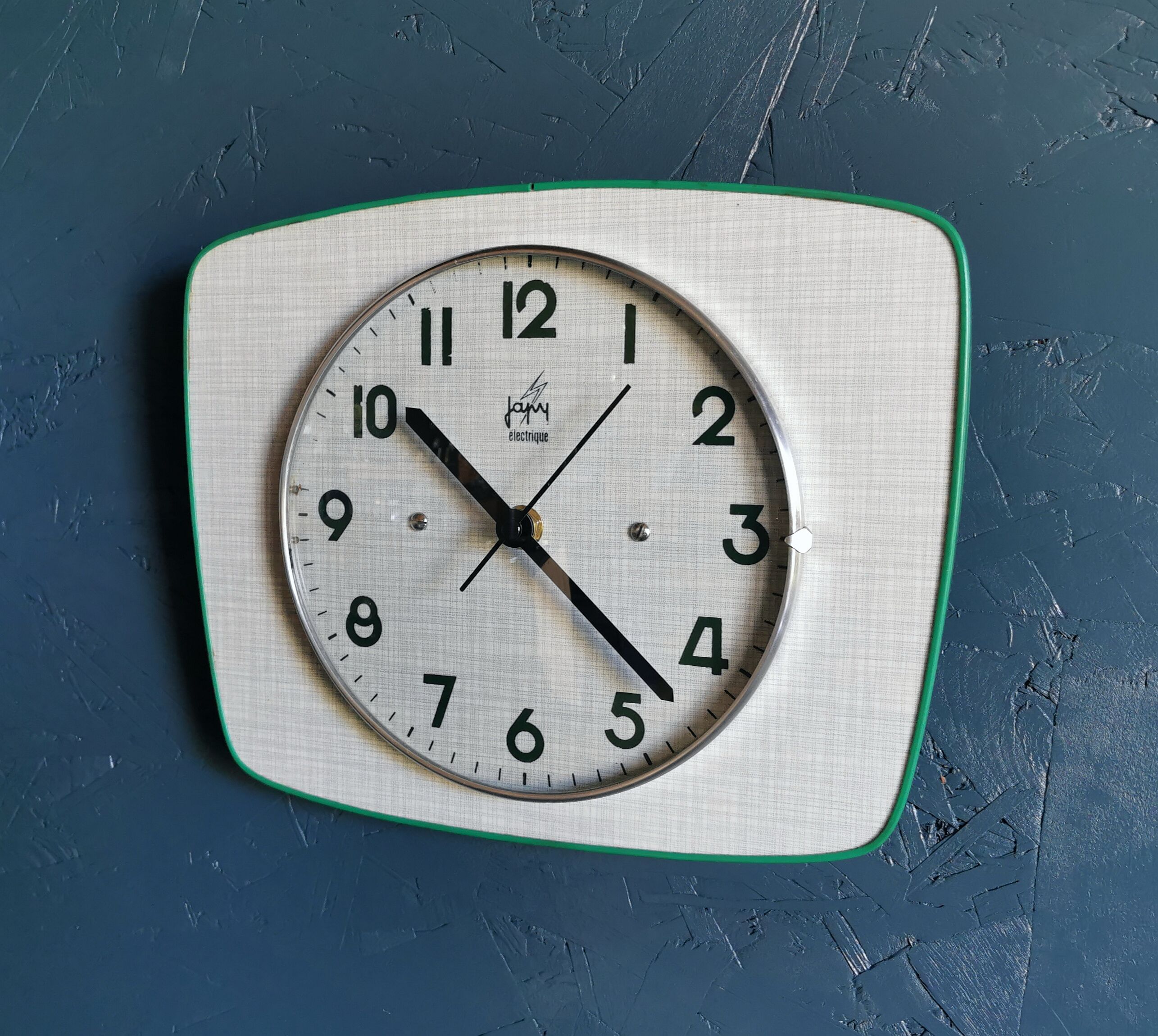 Vintage formica clock silent trapezoid wall clock "Green Japy"