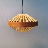Teak veneer and hemp cord hanging lamp. Estimated 1950-60s