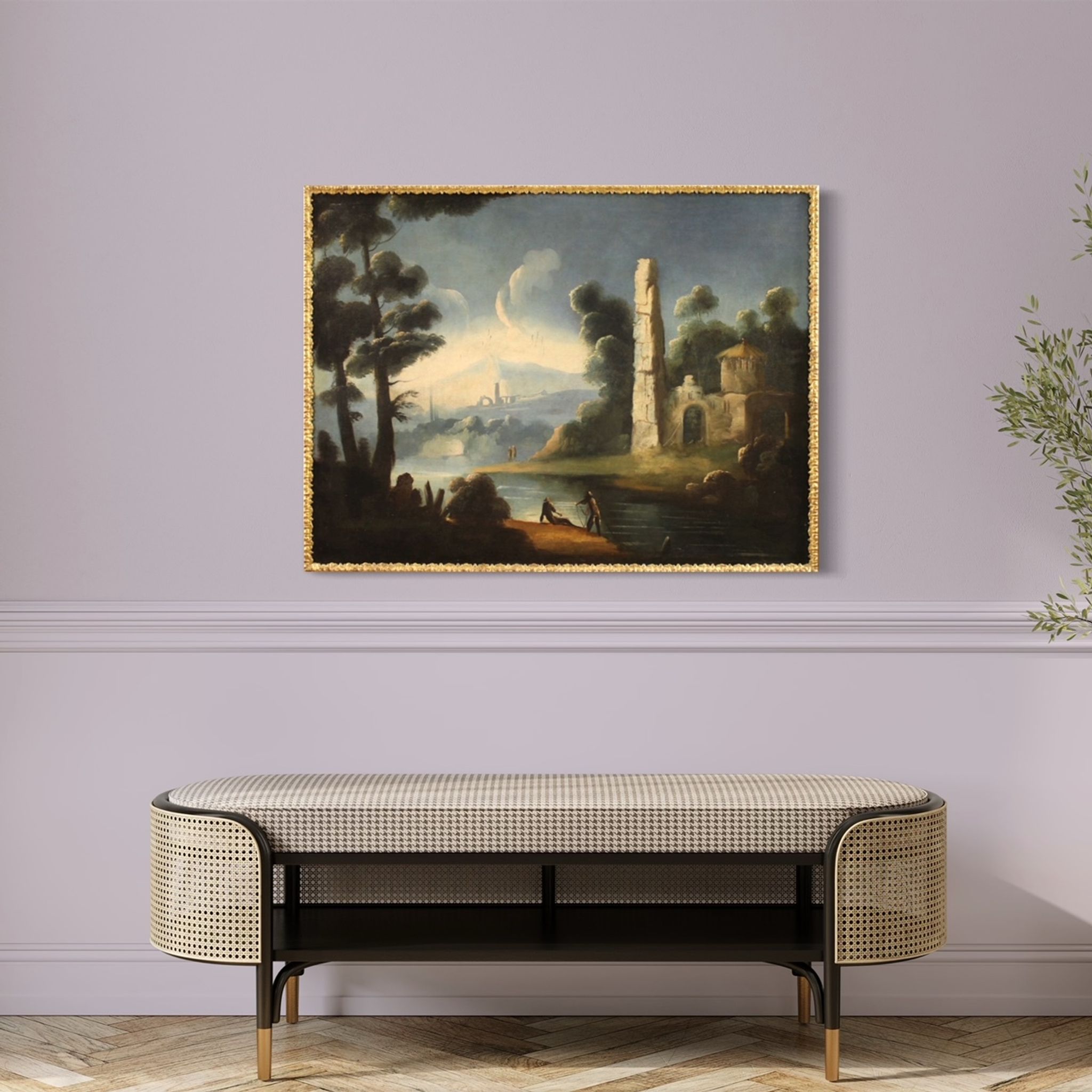 Antique painting river landscape with ruins and fishermen from the XVIIIth century