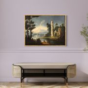 Antique painting river landscape with ruins and fishermen from the XVIIIth century