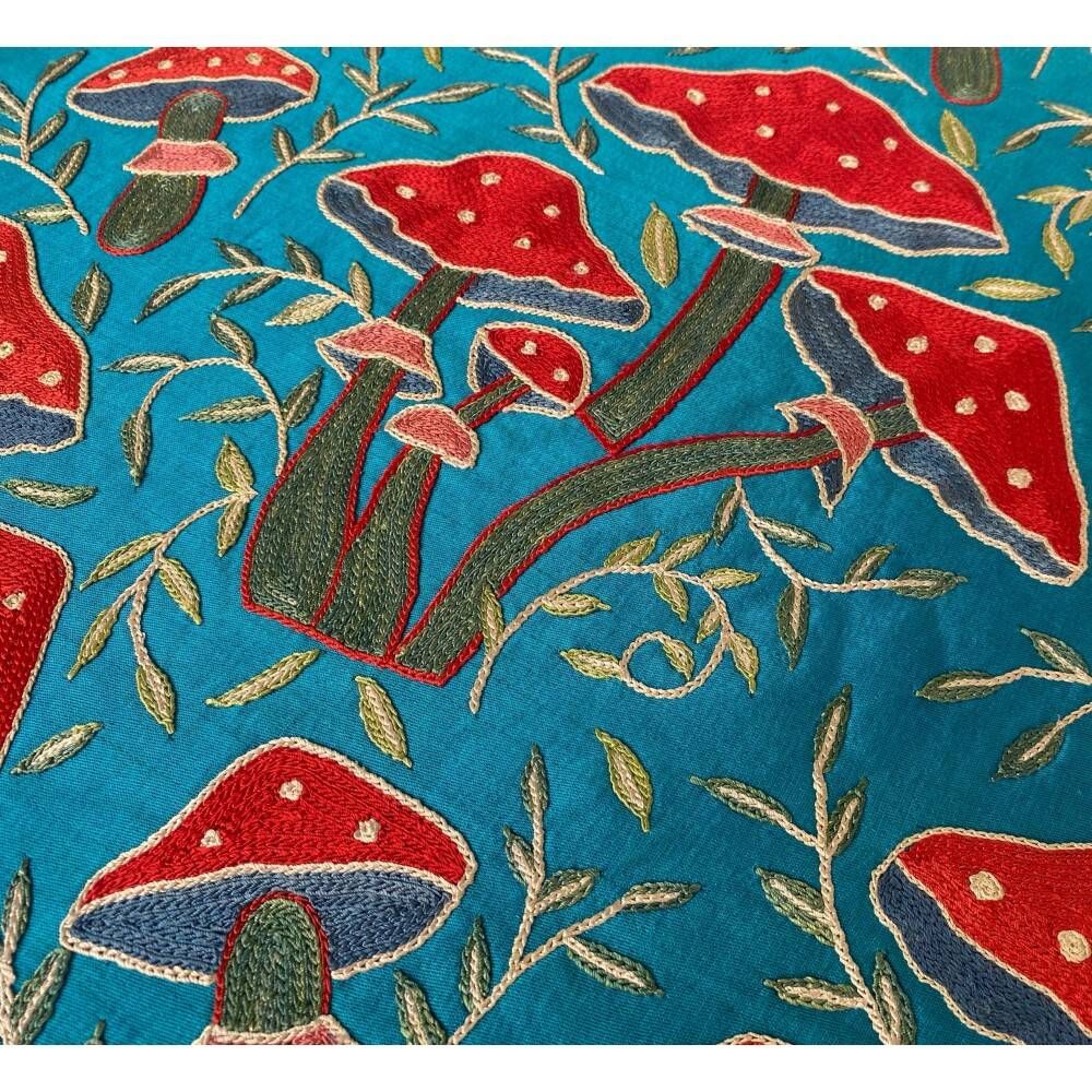 Silk Embroidered Mushroom Pattern Cushion Cover. Blue Throw Pillow Case. Traditional Accent Pillow