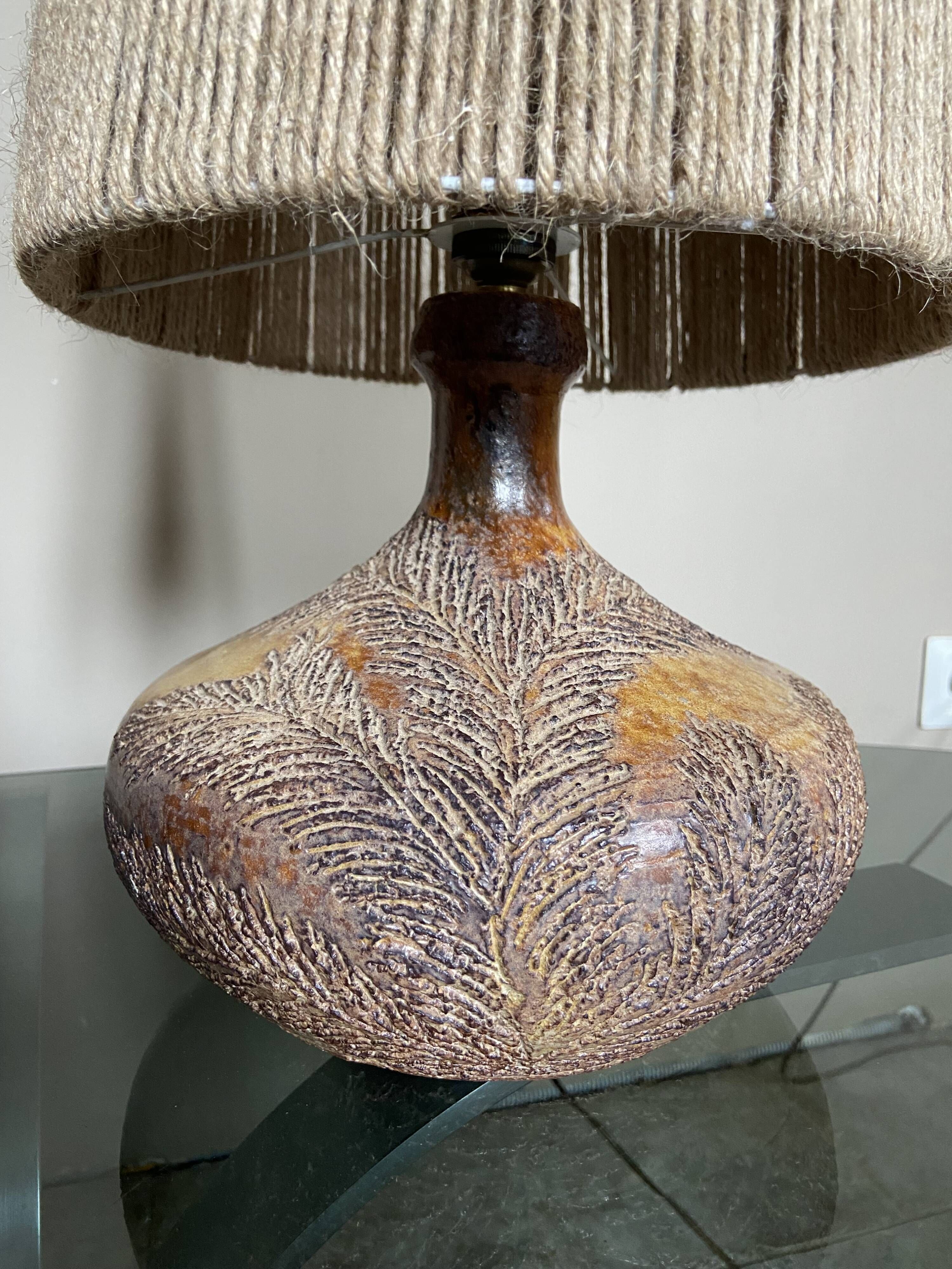Pair of vintage Vallauris scarified seagrass stoneware lamps and rope lampshade