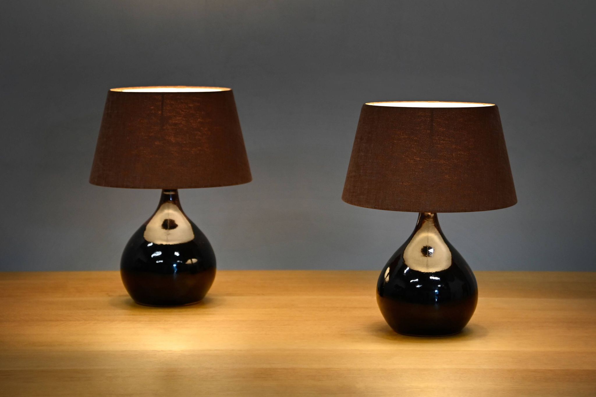 Scandinavian Modern Ceramic dark brown glazed Table Lamps, Denmark 1960s