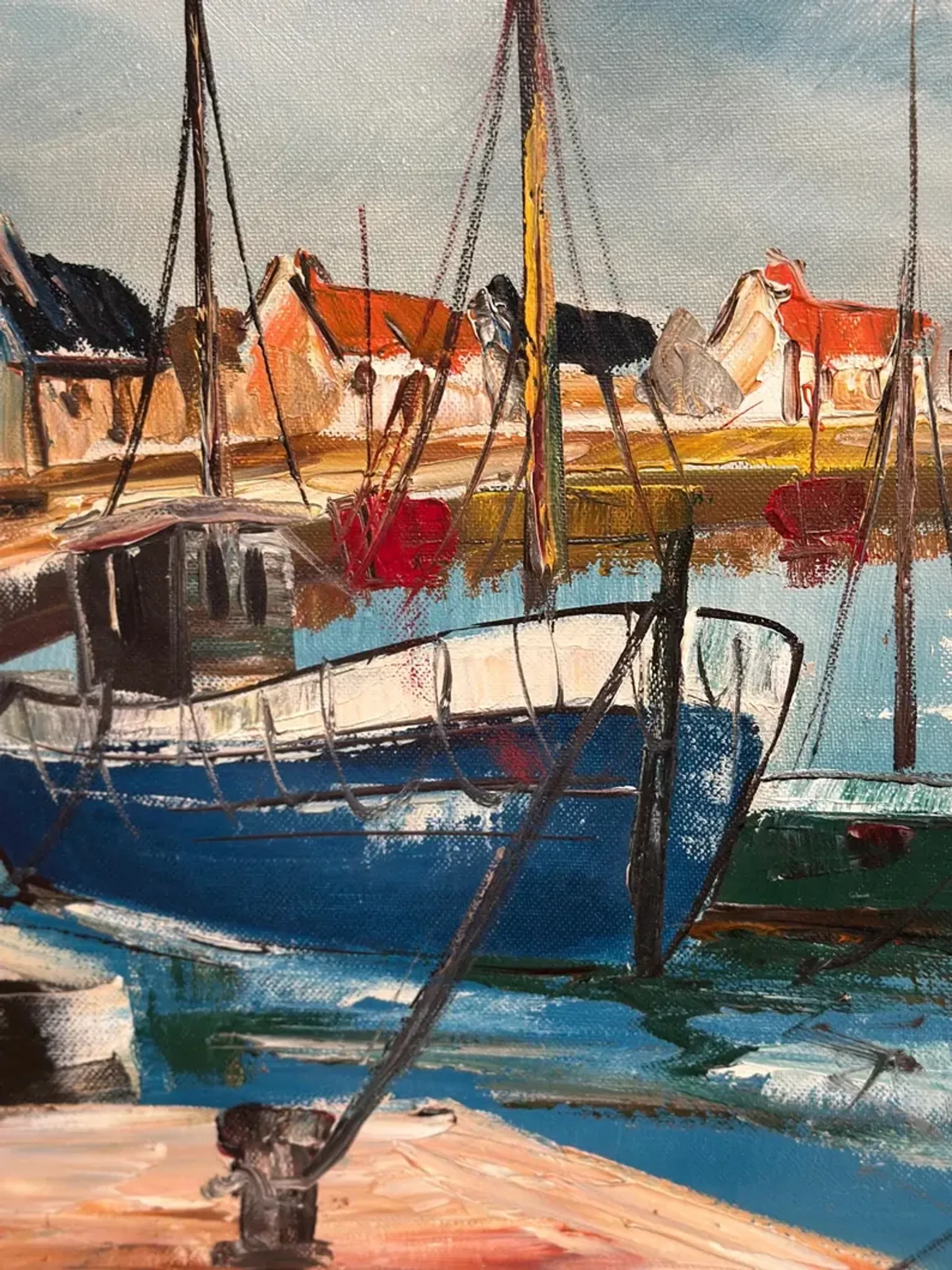 Original Swedish Oil on Canvas – “Boats” by Lennart Börje – Signed – Vintage & Framed 88.5 cm x 48.5 cm (34.8" × 19")