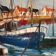 Original Swedish Oil on Canvas – “Boats” by Lennart Börje – Signed – Vintage & Framed 88.5 cm x 48.5 cm (34.8" × 19")