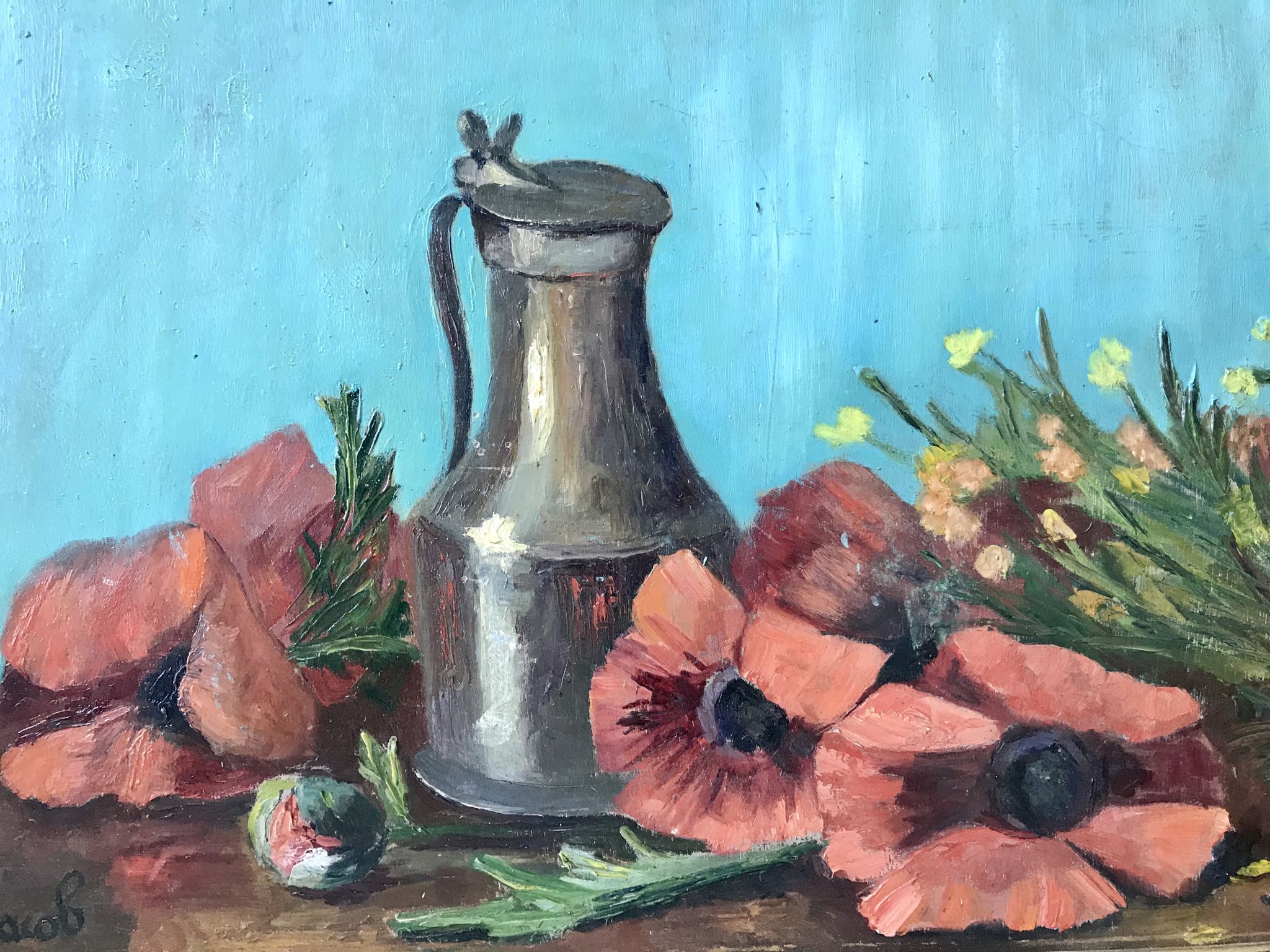 Old painting signed still life pitcher and poppies on vintage azure background