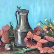 Old painting signed still life pitcher and poppies on vintage azure background