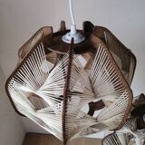 Pair of vintage wooden and rattan straw pendant lights.