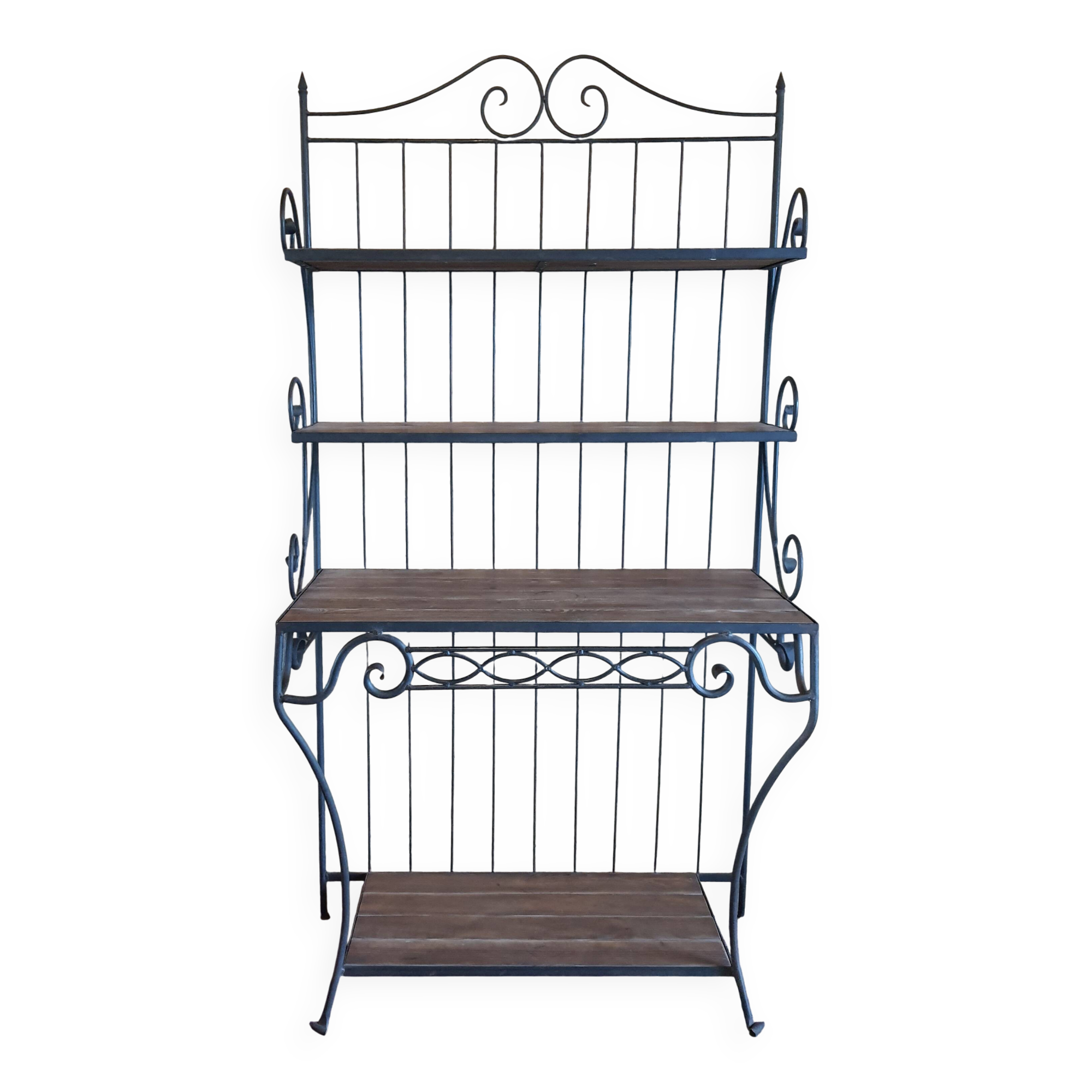 Wrought iron and wood baker shelves