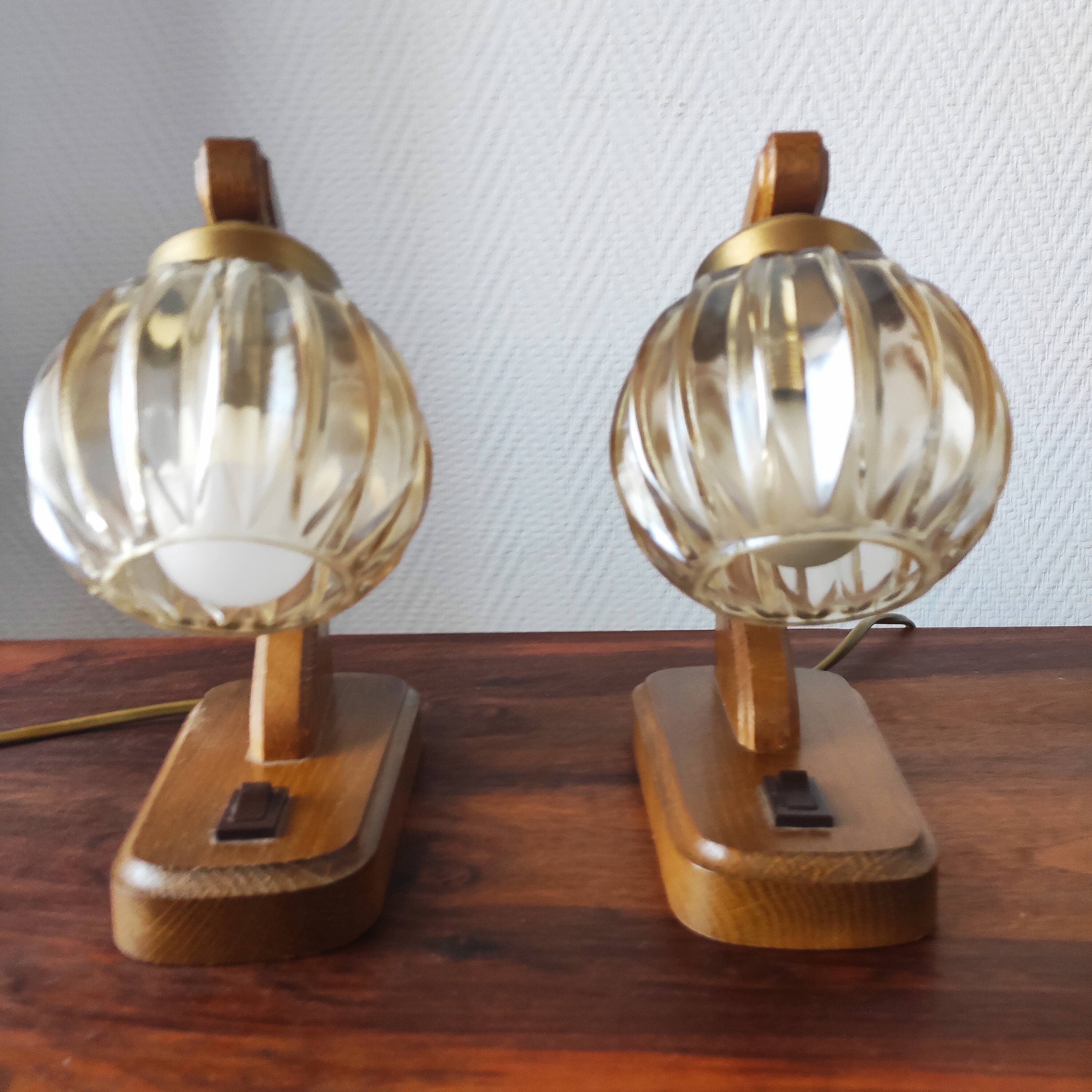 Pair of vintage 1970s mid-century Scandinavian lamps with amber globe.
