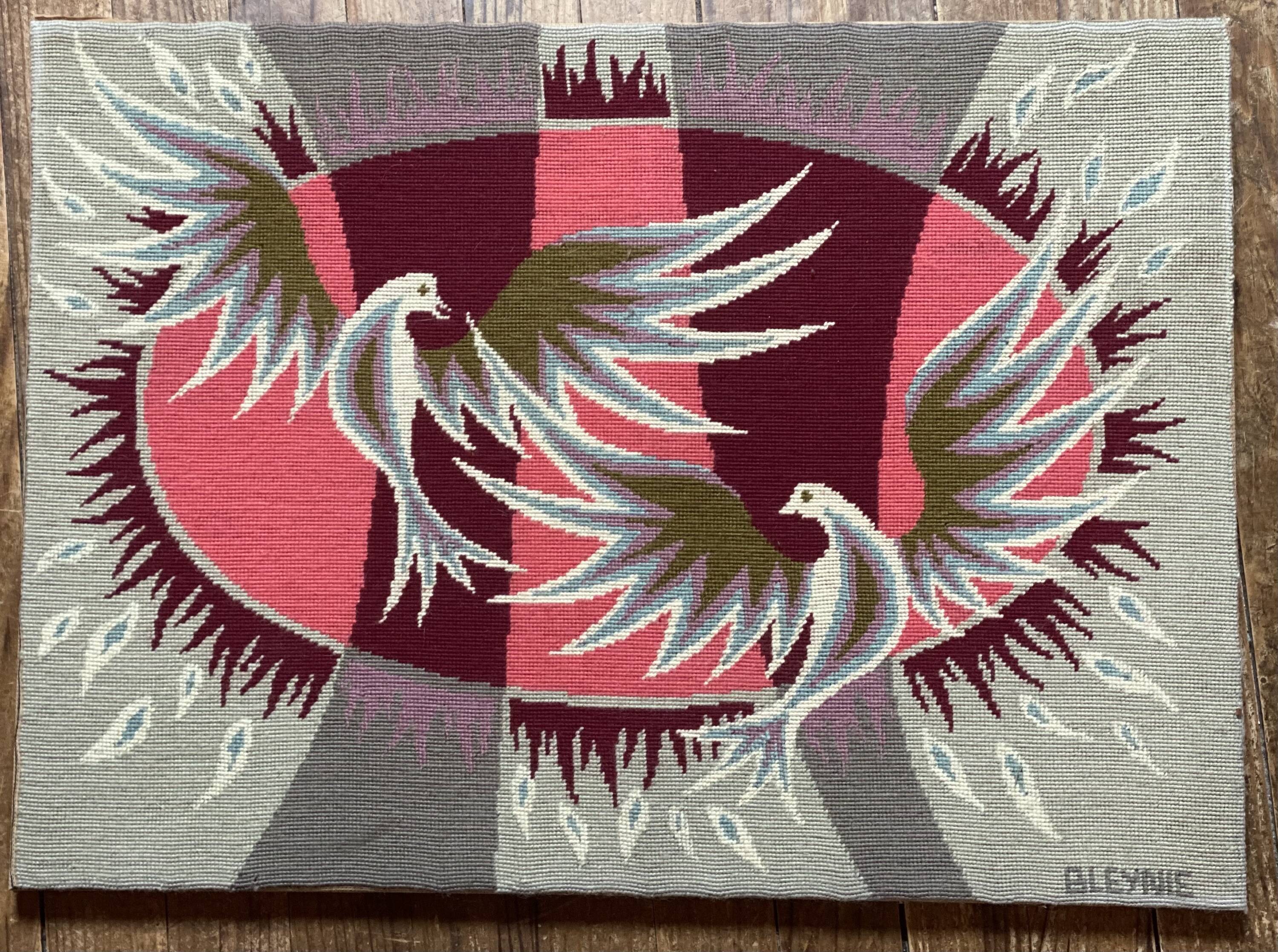 Vintage canvas 1970 signed Claude BLEYNIE, doves