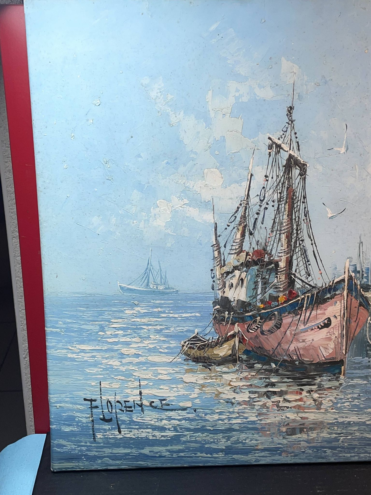 Painting Oil on canvas, Marine, Boat at the dock signed Florence