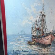Painting Oil on canvas, Marine, Boat at the dock signed Florence