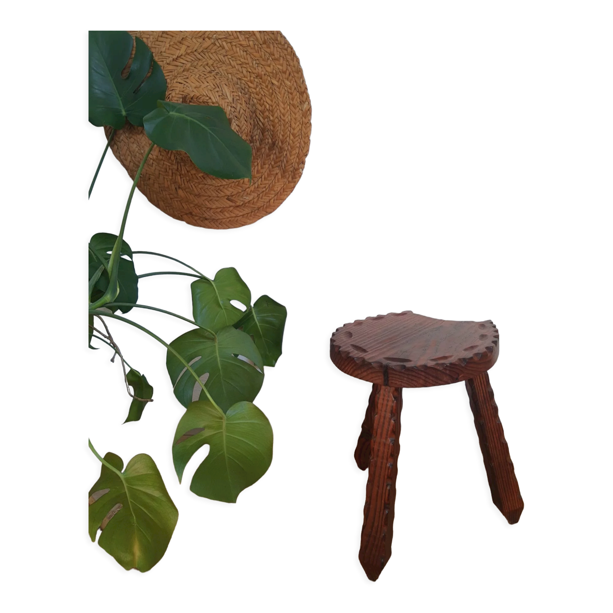 Wooden tripod brutalist farm stool vintage