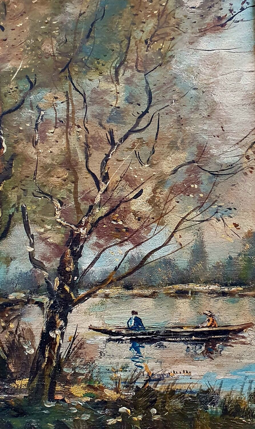 Tableau ancien la promenade en barque Signé Duval